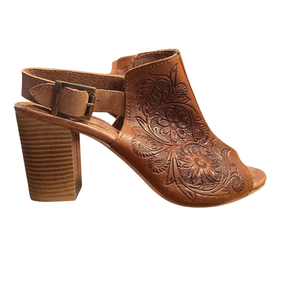 Roper Brown Floral Tooled Embossed Block 3"Heel Slingback Sandals Open Toe 7 GUC - Picture 3 of 8